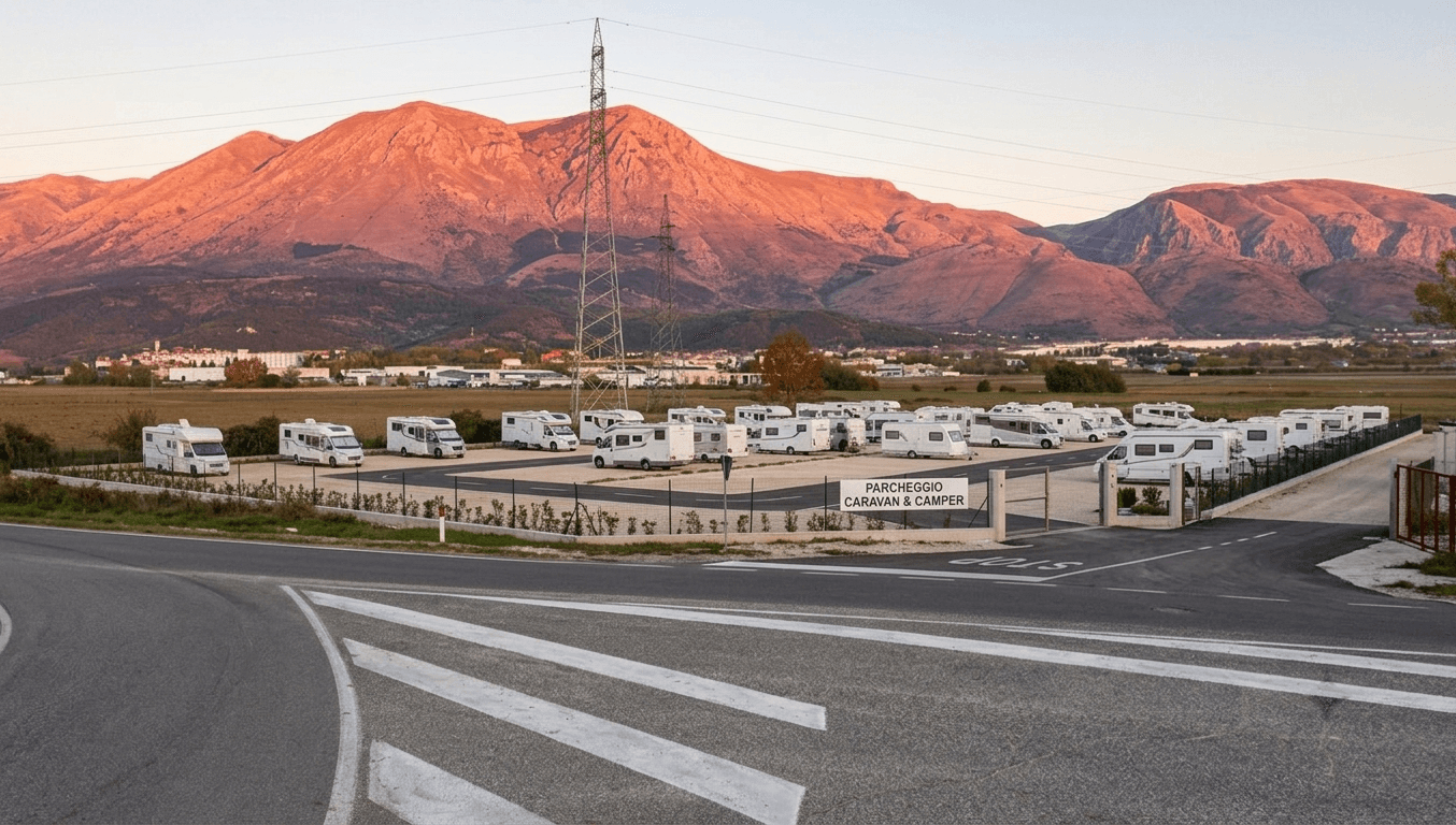 Caravan in alluminio in un paesaggio aperto al tramonto